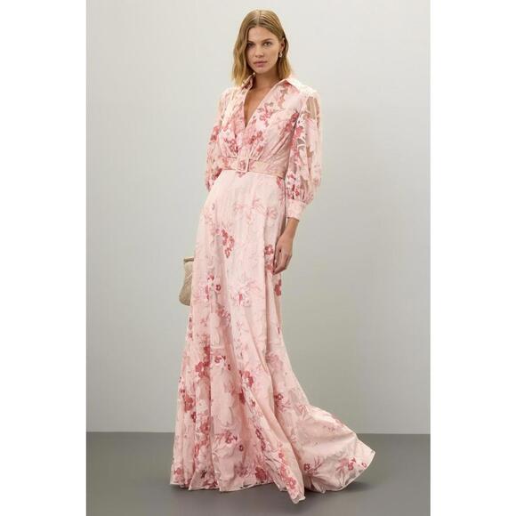 Badgley Mischka Pink Lace Appliqué Shirt Dress Size 8 open seam / fabric pull